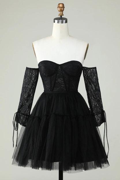 A Line Black Off The ShoulderCorset Homecoming Dress With Lace Long Sleeves