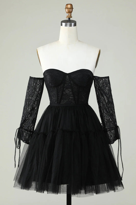 A Line Black Off The ShoulderCorset Homecoming Dress With Lace Long Sleeves