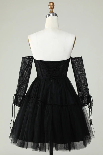 A Line Black Off The ShoulderCorset Homecoming Dress With Lace Long Sleeves