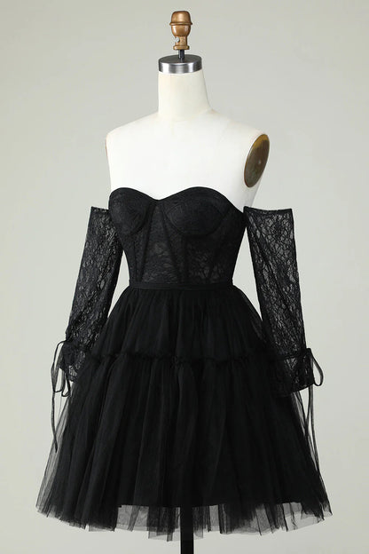 A Line Black Off The ShoulderCorset Homecoming Dress With Lace Long Sleeves