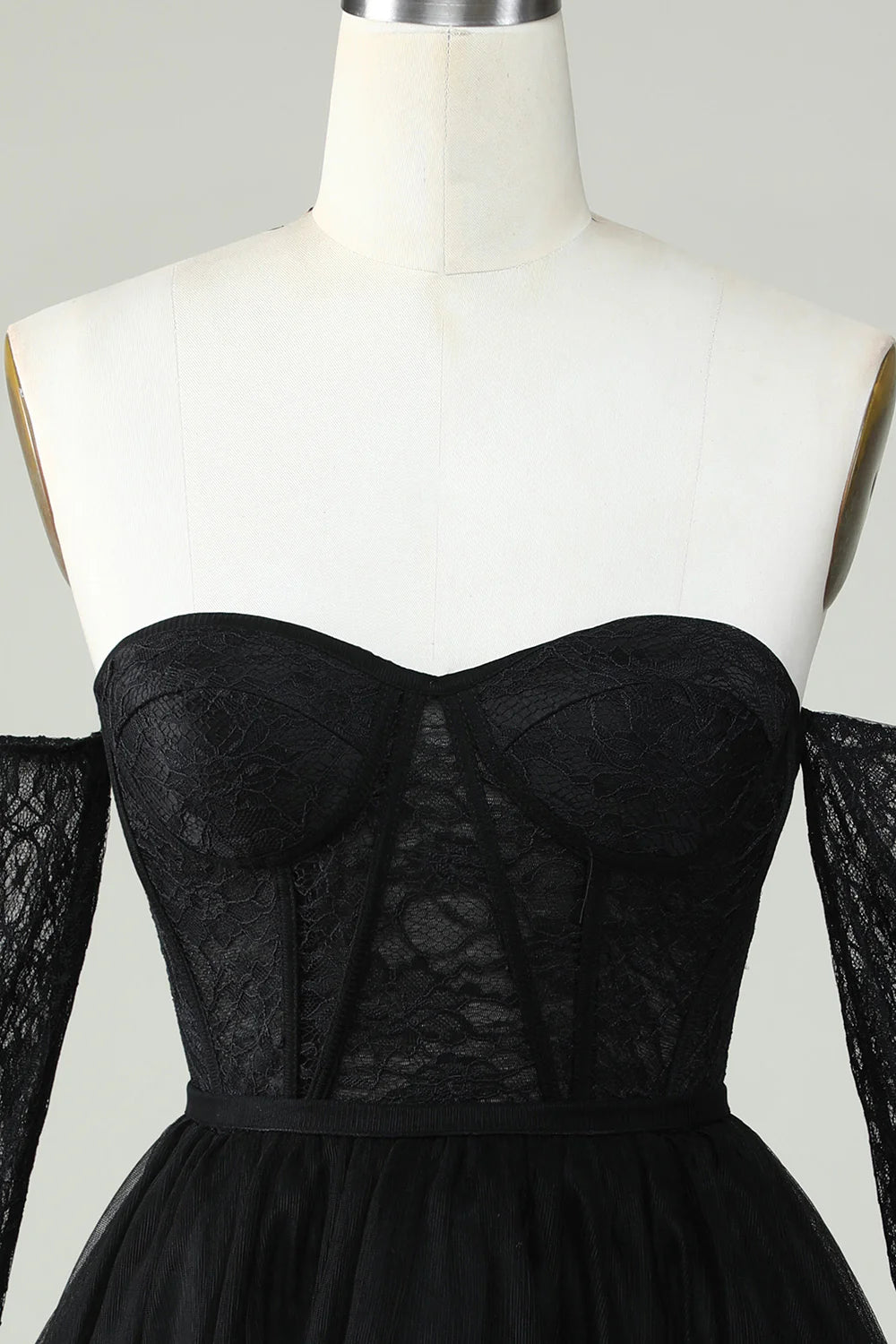 A Line Black Off The ShoulderCorset Homecoming Dress With Lace Long Sleeves