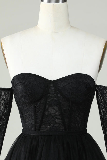 A Line Black Off The ShoulderCorset Homecoming Dress With Lace Long Sleeves