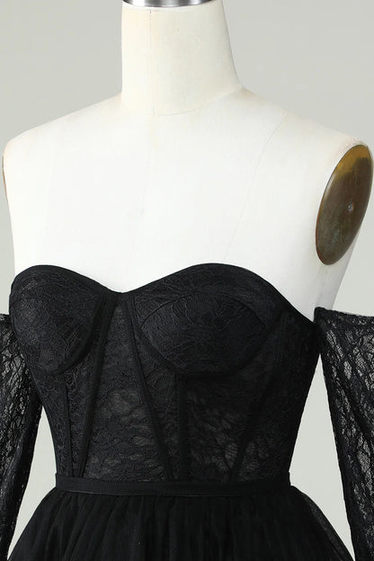 A Line Black Off The ShoulderCorset Homecoming Dress With Lace Long Sleeves