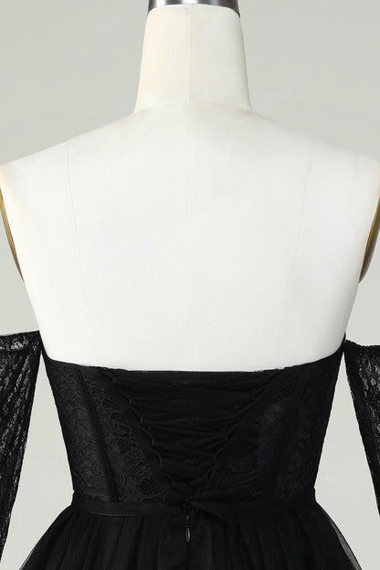 A Line Black Off The ShoulderCorset Homecoming Dress With Lace Long Sleeves