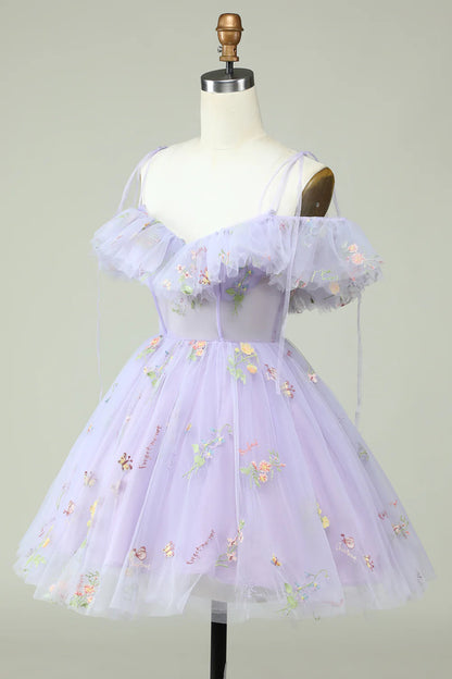 Lavender Off The Shoulder Embroidery Homecoming Dress With Ruffles