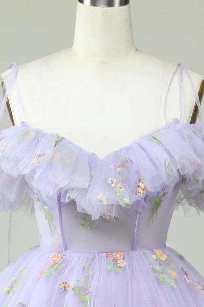 Lavender Off The Shoulder Embroidery Homecoming Dress With Ruffles