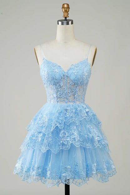 Sparkly Spaghetti Straps Sequins Tiered Homecoming Dress