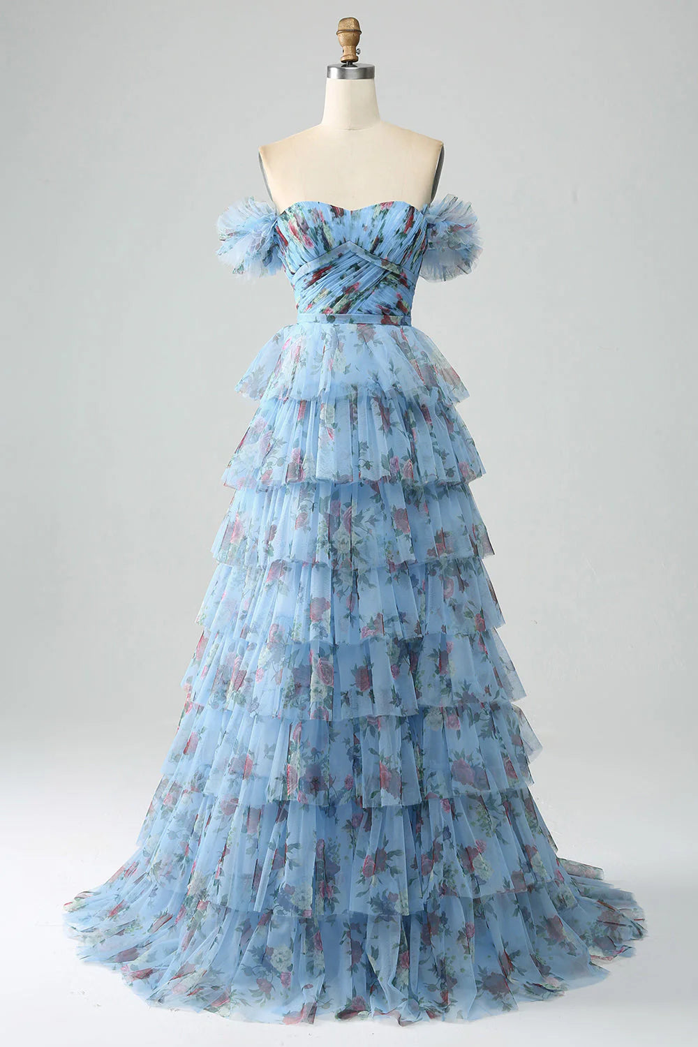Floral Printed Tiered Off The Shoulder Prom Dress With Pleated