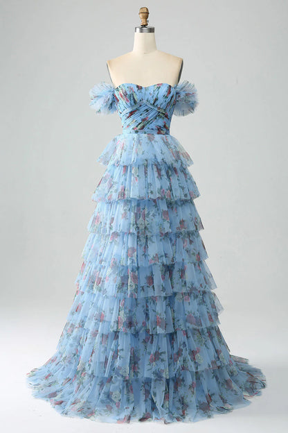 Floral Printed Tiered Off The Shoulder Prom Dress With Pleated
