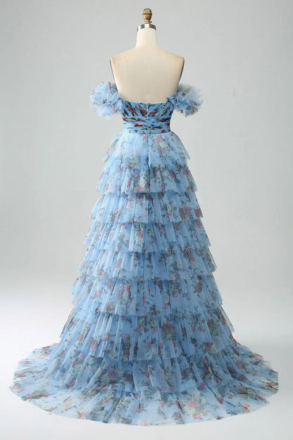 Floral Printed Tiered Off The Shoulder Prom Dress With Pleated
