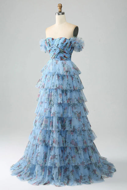 Floral Printed Tiered Off The Shoulder Prom Dress With Pleated