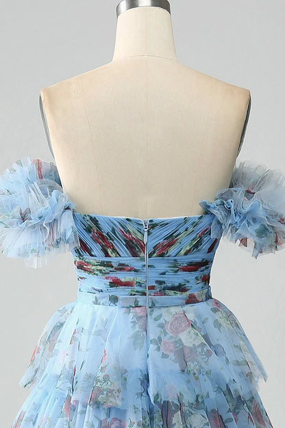 Floral Printed Tiered Off The Shoulder Prom Dress With Pleated
