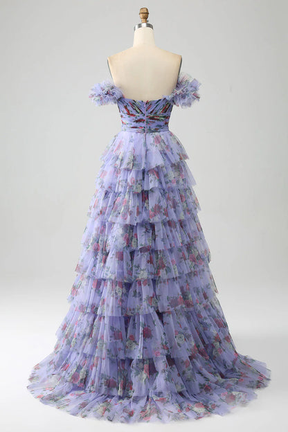 Floral Printed Tiered Off The Shoulder Prom Dress With Pleated