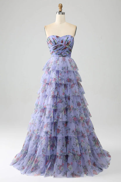Floral Printed Tiered Off The Shoulder Prom Dress With Pleated