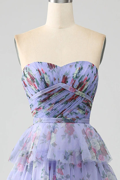 Floral Printed Tiered Off The Shoulder Prom Dress With Pleated