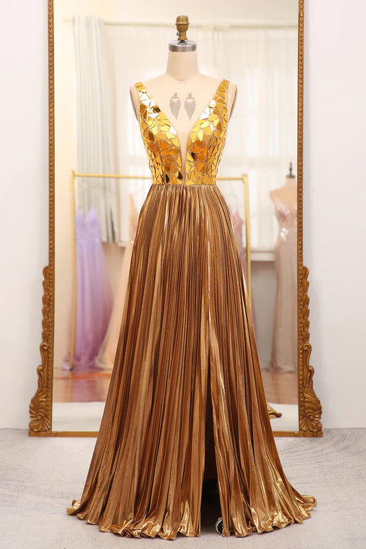 Sparkly A-Line V-Neck Pleated Prom Dress With Slit