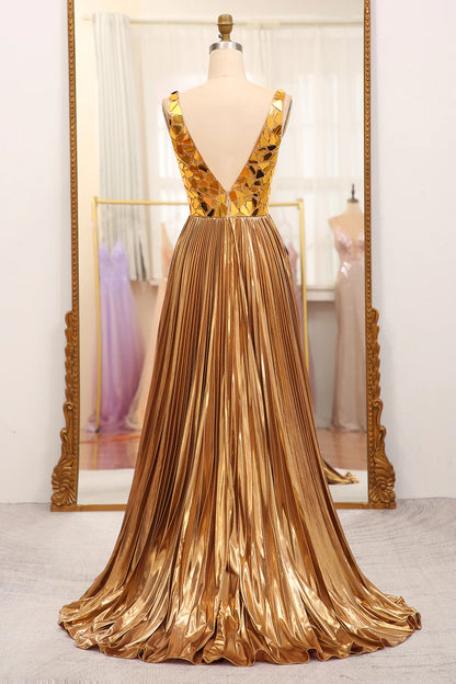 Sparkly A-Line V-Neck Pleated Prom Dress With Slit
