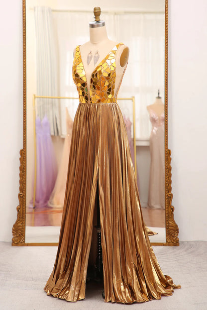 Sparkly A-Line V-Neck Pleated Prom Dress With Slit