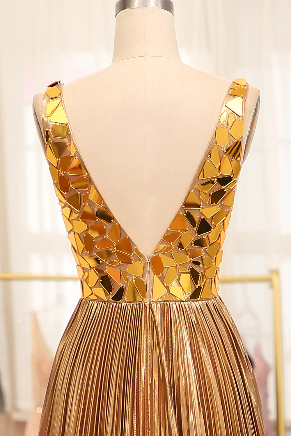 Sparkly A-Line V-Neck Pleated Prom Dress With Slit