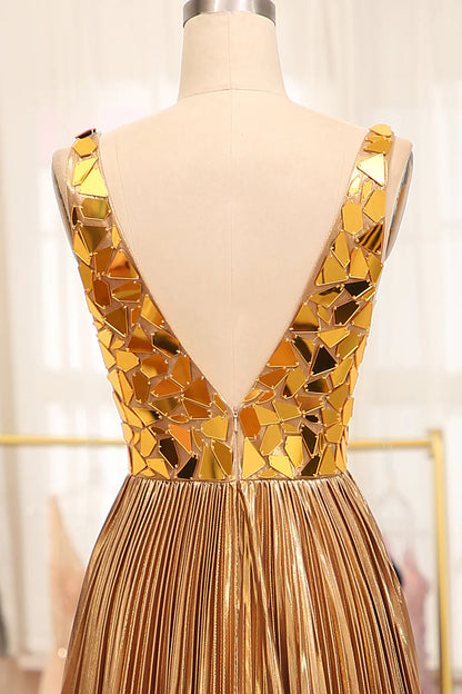 Sparkly A-Line V-Neck Pleated Prom Dress With Slit