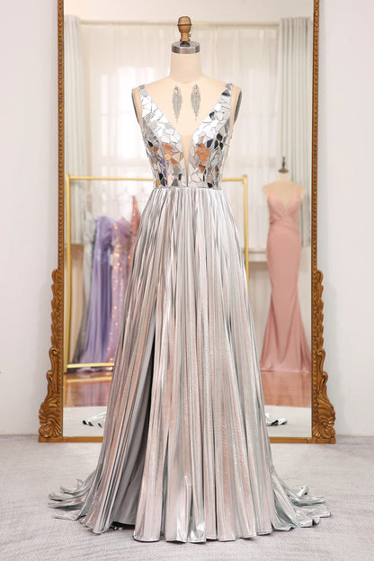 Sparkly A-Line V-Neck Pleated Prom Dress With Slit