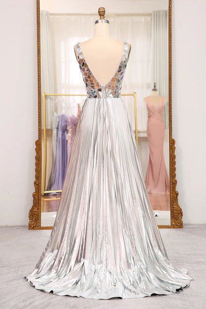Sparkly A-Line V-Neck Pleated Prom Dress With Slit