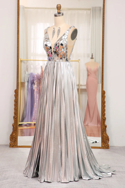 Sparkly A-Line V-Neck Pleated Prom Dress With Slit