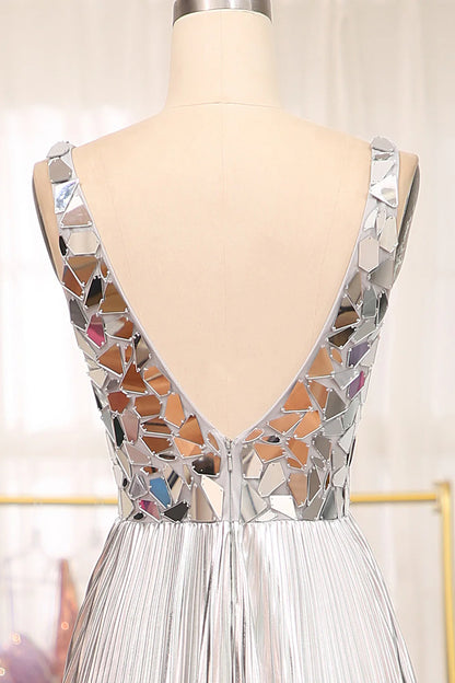 Sparkly A-Line V-Neck Pleated Prom Dress With Slit