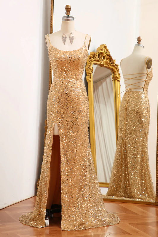 Mermaid Spaghetti Straps Sparkly Sequin  Golden  Prom Dress With Slit