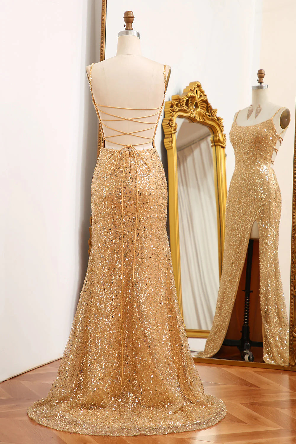 Mermaid Spaghetti Straps Sparkly Sequin  Golden  Prom Dress With Slit