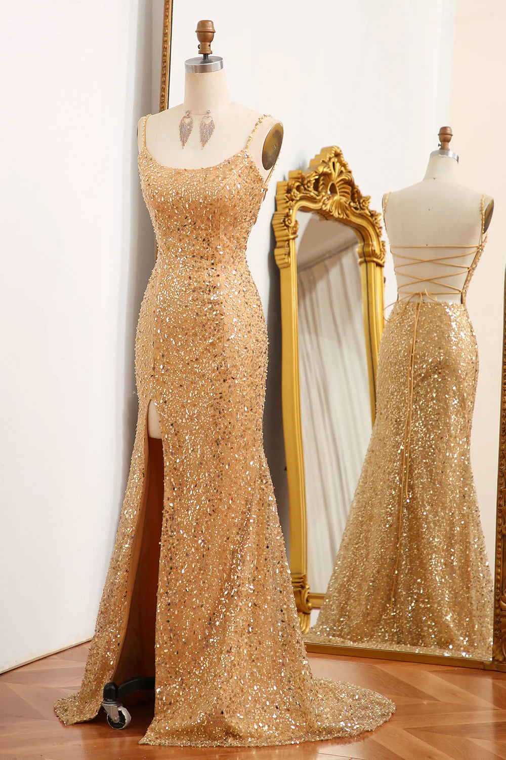 Mermaid Spaghetti Straps Sparkly Sequin  Golden  Prom Dress With Slit