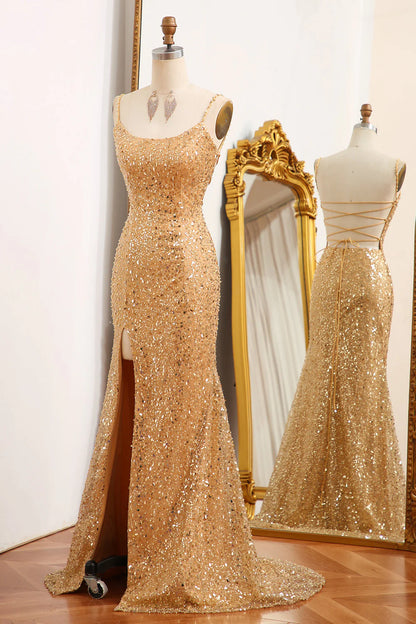 Mermaid Spaghetti Straps Sparkly Sequin  Golden  Prom Dress With Slit