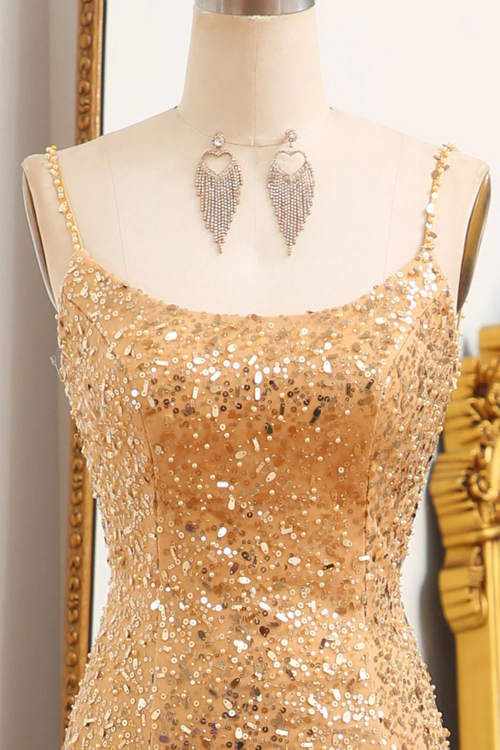 Mermaid Spaghetti Straps Sparkly Sequin  Golden  Prom Dress With Slit