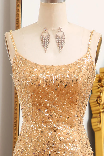Mermaid Spaghetti Straps Sparkly Sequin  Golden  Prom Dress With Slit