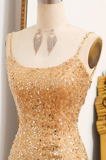 Mermaid Spaghetti Straps Sparkly Sequin  Golden  Prom Dress With Slit