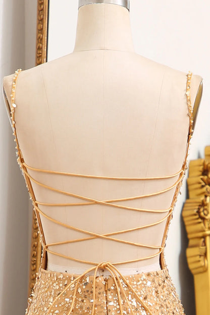 Mermaid Spaghetti Straps Sparkly Sequin  Golden  Prom Dress With Slit