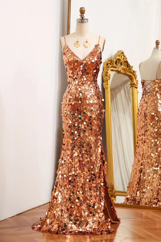 Mermaid Spaghetti Straps Sparkly Sequin  Golden  Prom Dress With Slit
