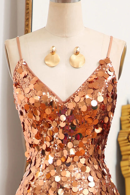 Mermaid Spaghetti Straps Sparkly Sequin  Golden  Prom Dress With Slit