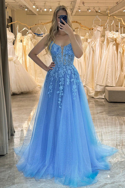 Blue A-Line Spaghetti Straps Tulle Long Prom Dress With Appliques