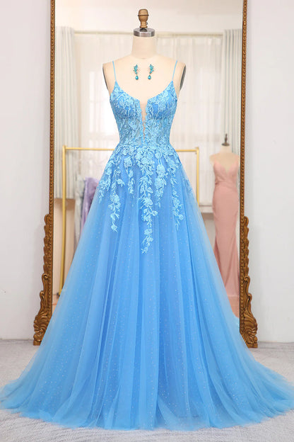 Blue A-Line Spaghetti Straps Tulle Long Prom Dress With Appliques