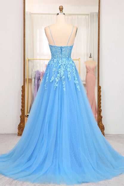 Blue A-Line Spaghetti Straps Tulle Long Prom Dress With Appliques