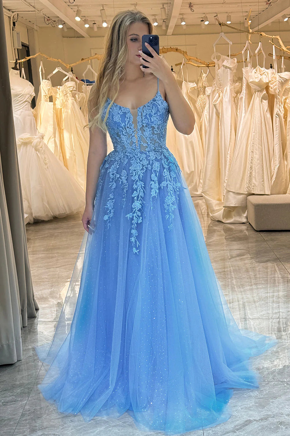 Blue A-Line Spaghetti Straps Tulle Long Prom Dress With Appliques