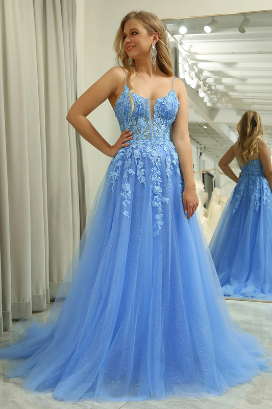 Blue A-Line Spaghetti Straps Tulle Long Prom Dress With Appliques