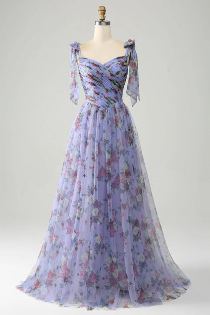 A-Line  Printed Adjustable Straps Long Prom Dress