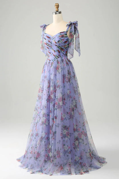 A-Line  Printed Adjustable Straps Long Prom Dress