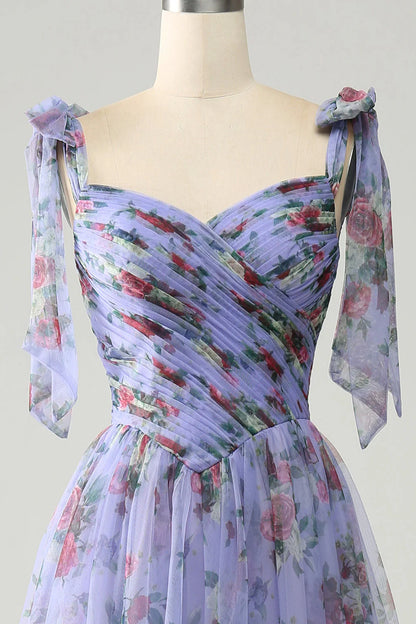 A-Line  Printed Adjustable Straps Long Prom Dress