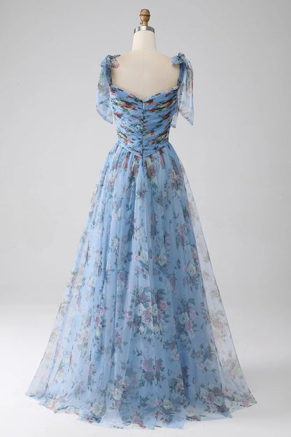 A-Line  Printed Adjustable Straps Long Prom Dress