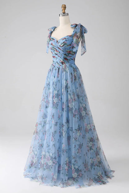 A-Line  Printed Adjustable Straps Long Prom Dress
