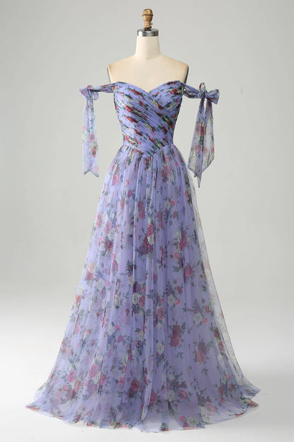 A-Line  Printed Adjustable Straps Long Prom Dress