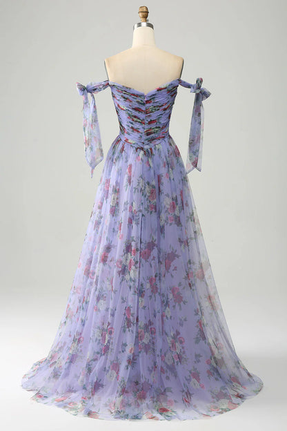 A-Line  Printed Adjustable Straps Long Prom Dress